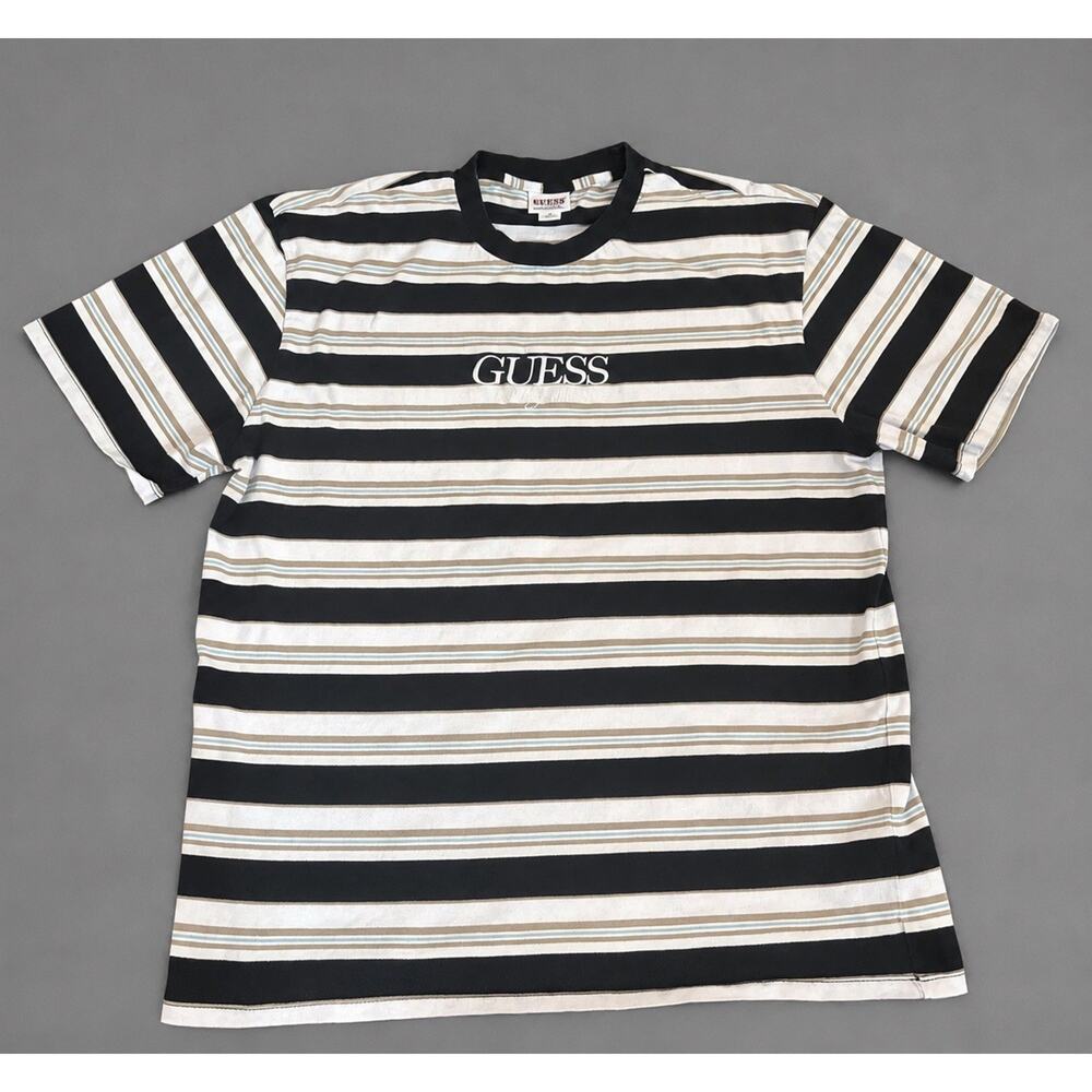 Guess Originals Vintage T-Shirt Embroidered Spellout Men Large Striped Tee Retro